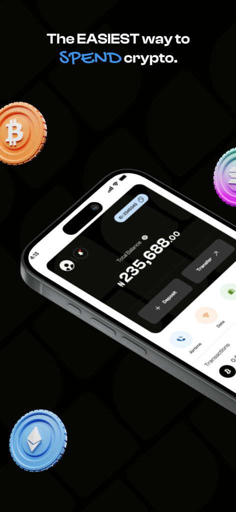 Spenda - Spenda mobile app interface showing a crypto balance and options for airtime and data payments