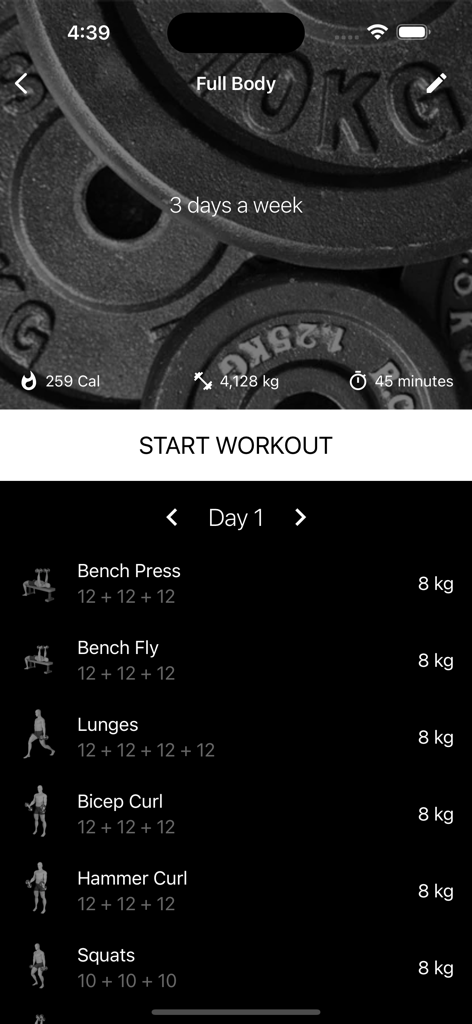 Full body workout routine in the Dumbbell Home Workout app showing a list of exercises and estimated calories.
