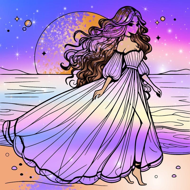 beautiful woman with a vaporous long dress walking on the beach at the noon, detailed art