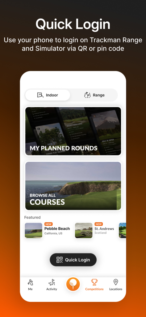 Trackman Golf mobile app interface showing quick login button and virtual course selection.