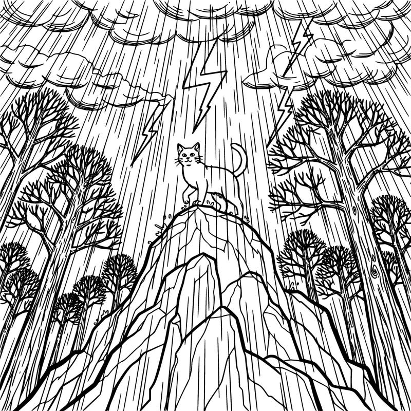 a cat standing on a tall rock with thunder and rain in the background and trees in the back to make it realistic