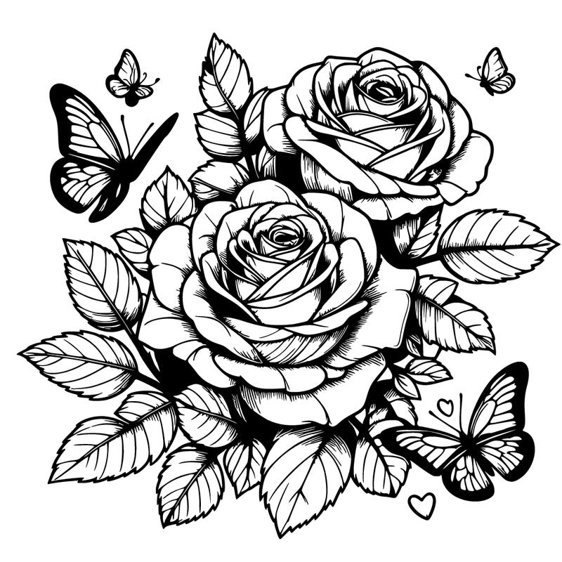 realistic roses with butterflies flying around them