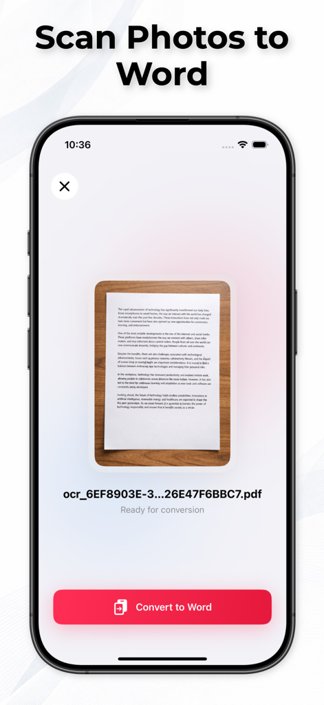 PDF to Word: File Converter AI - iPhone screen showing a scanned document ready to be converted to a Word file with the PDF to Word AI app.