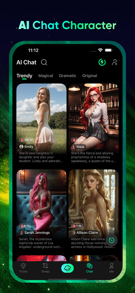 Screenshot of MaskFace app showing a list of AI chat characters like Emily and Maia in the Trendy category
