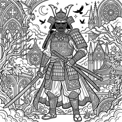 Step into a world where ancient Japanese warriors meet dramatic Gothic aesthetics. This unique coloring page offers an intricate blend of Edo Period samurai prestige and mysterious, dark elegance, perfect for adult colorists seeking a captivating challenge.
