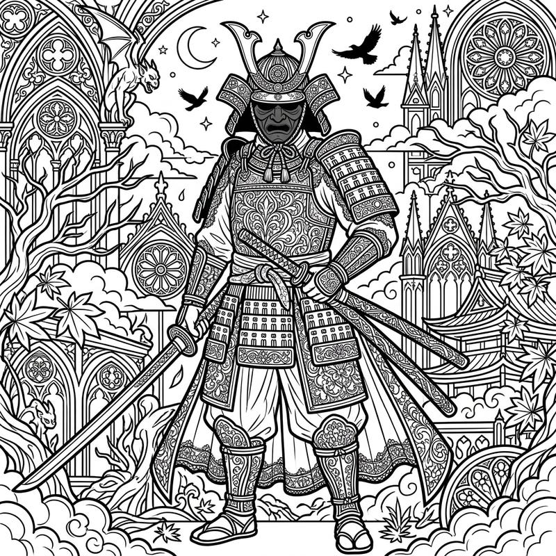 Step into a world where ancient Japanese warriors meet dramatic Gothic aesthetics. This unique coloring page offers an intricate blend of Edo Period samurai prestige and mysterious, dark elegance, perfect for adult colorists seeking a captivating challenge.