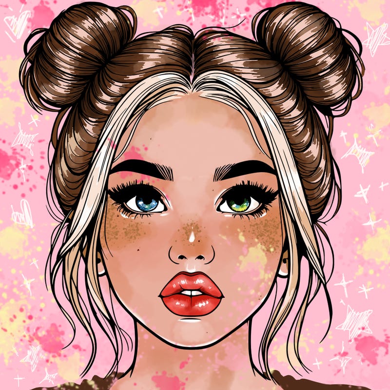 realistic girl with two buns on her hair and lips
