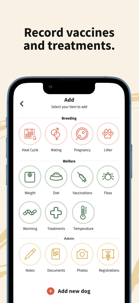 Breedera - Dog Breeder App - Interface of the Breedera app showing options to record vaccines, treatments, and other breeding data