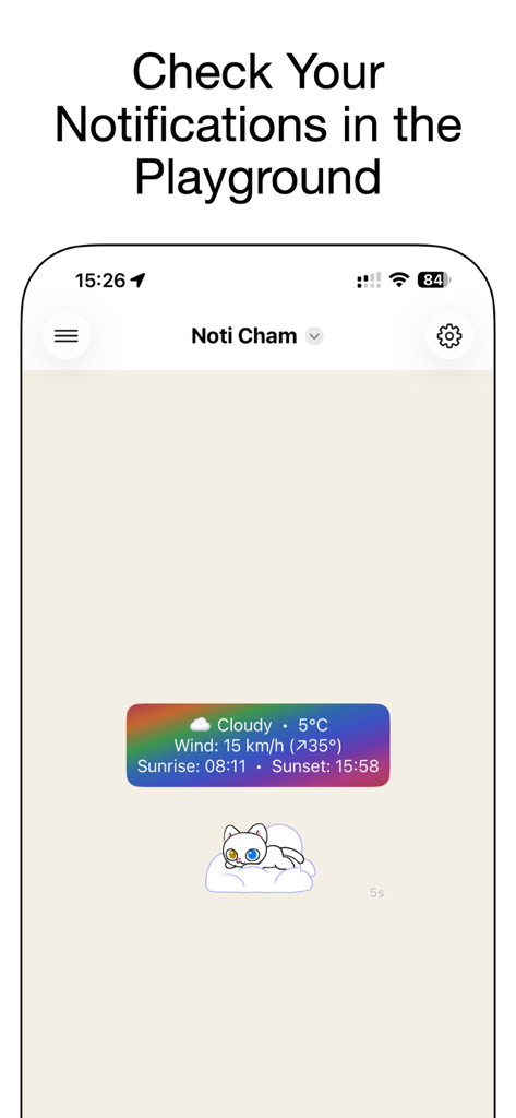 NotiSprite: Smart Desktop Pet - NotiSprite-App-Oberfläche mit einem interaktiven Spielbereich mit einem niedlichen Katzen-Sprite und einer Wetterbenachrichtigungsblase.