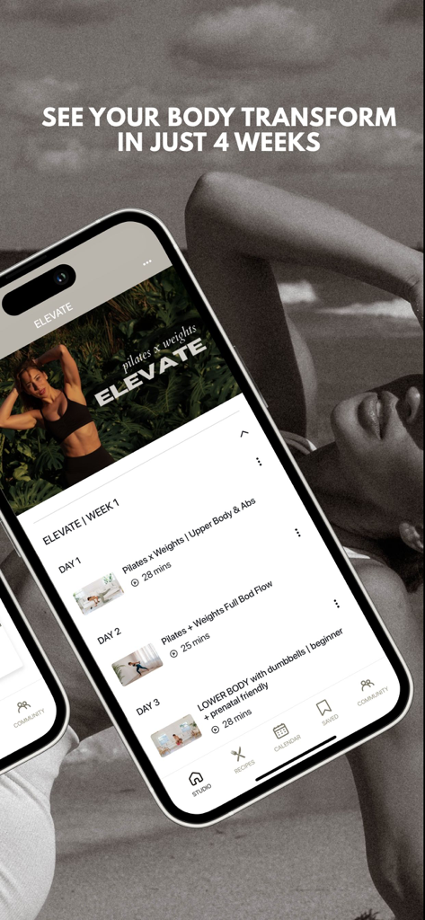 Daily Thrive by Vicky Justiz - Interface do aplicativo Daily Thrive exibindo a programação do programa de treino de 4 semanas Elevate com sessões de Pilates e treinamento com pesos.