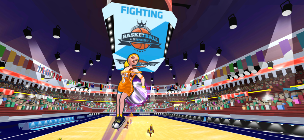 Basketball Dunk Hit - A female player jumping for a slam dunk in a large 3D basketball stadium