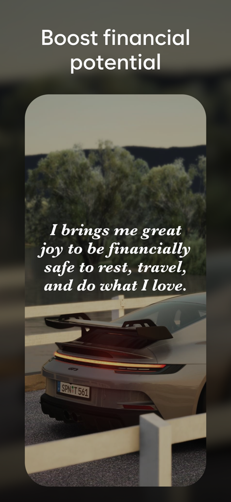 Aura - Daily Affirmations AI - Aura app screenshot showing a financial success affirmation with a sports car background