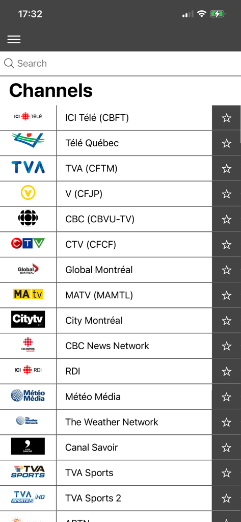 TV Guide Canada (CA) - Une liste de chaînes de télévision canadiennes dans l'application Guide TV Canada, incluant CBC, CTV et TVA, avec des boutons d'étoile pour les favoris.