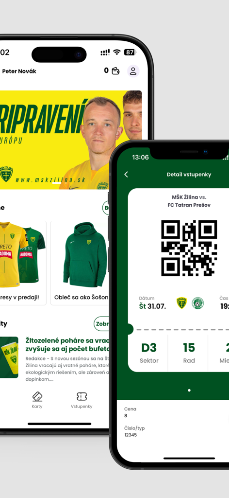 MŠK Žilina - Interface of the MSK Zilina mobile app displaying a digital match ticket with QR code and club news feed