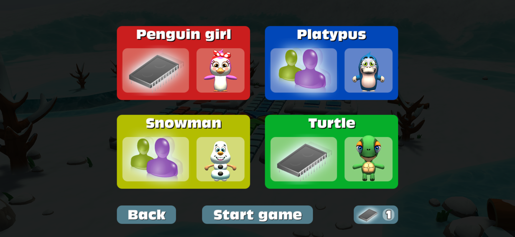 Pantalla de selección de personajes para Ludo 3D Multijugador con adorables avatares de animales en 3D como un pingüino, ornitorrinco, muñeco de nieve y tortuga.