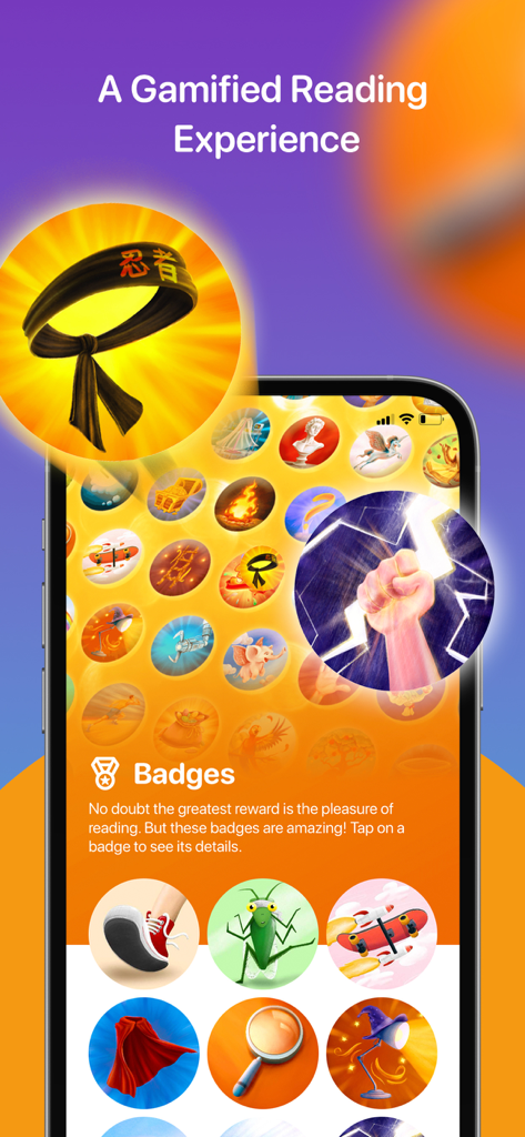 Ein mobiler Bildschirm, der verschiedene farbenfrohe Belohnungsabzeichen in der Kidly-App zeigt, die das Leseerlebnis für Kinder spielerisch gestalten sollen.