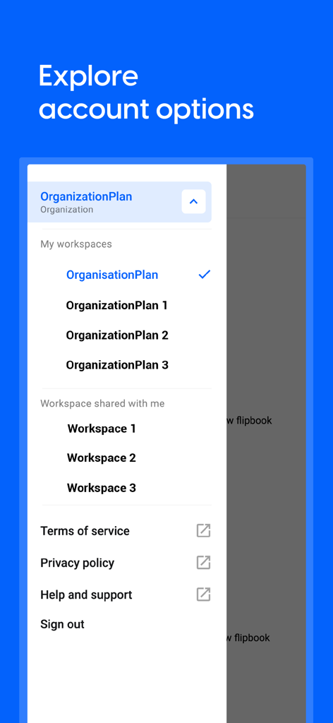 Flipsnack Mobile App-Bildschirm mit Kontooptionen und Organisationsarbeitsbereichen