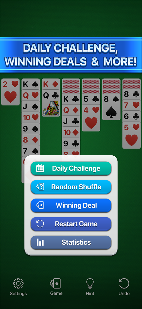 Solitaire Calm, Relax and Play - Solitaire Calm game screen showing the menu for daily challenges and winning deals over a classic green felt background.