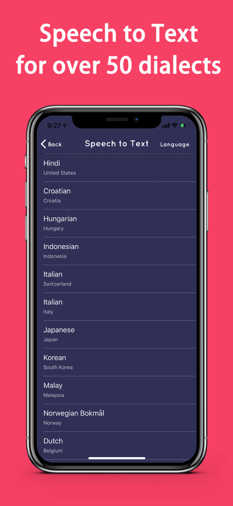 A list of over 50 supported languages and dialects for the speech to text transcription feature in the ACR call recorder app.