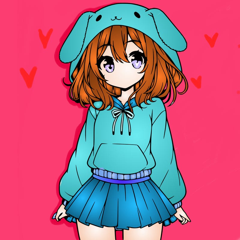 pretty anime girl wearing a fluffy hoodie with bunny ears on the hood and a skirt