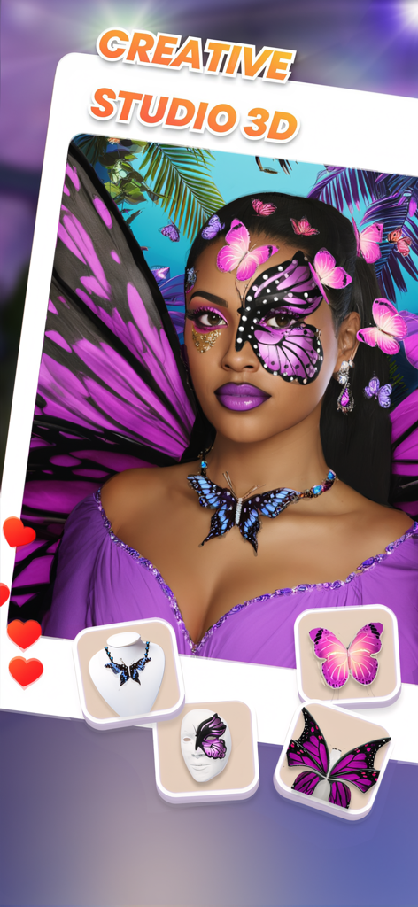 Makeover Star 3D: Beauty Games - Maquillaje y accesorios con temática de mariposa morada en Creative Studio 3D