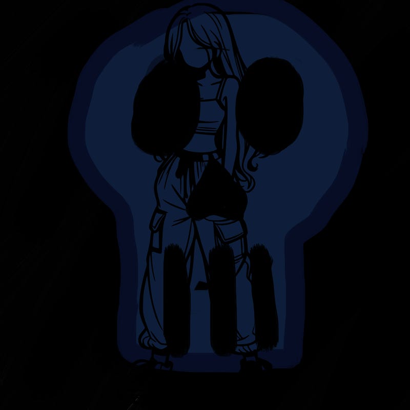 girl in baggy pants crop top and long hair