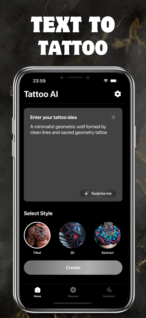 AI Tattoo Maker - Ink Hunter - Interface of the AI Tattoo Maker app showing the text to image generation feature and style options