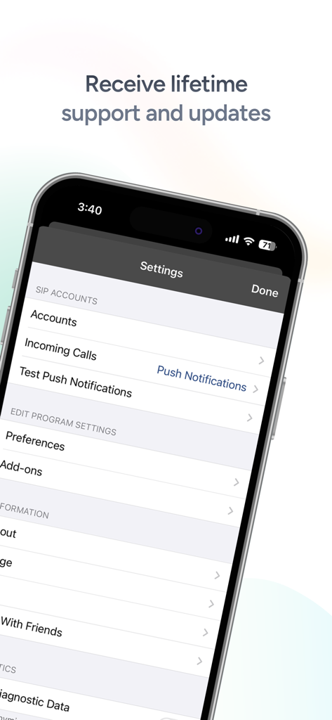 Groundwire app settings screen showing SIP accounts and push notification options for professional VoIP communication.
