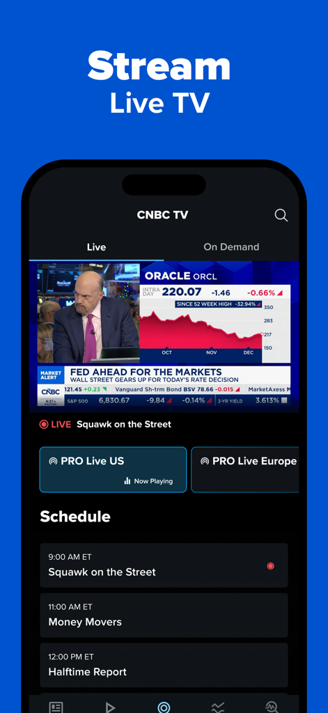 CNBC: Stock Market & Business - Interfaz de la aplicación CNBC que muestra transmisión de TV en vivo con noticias del mercado y un horario de programas diarios