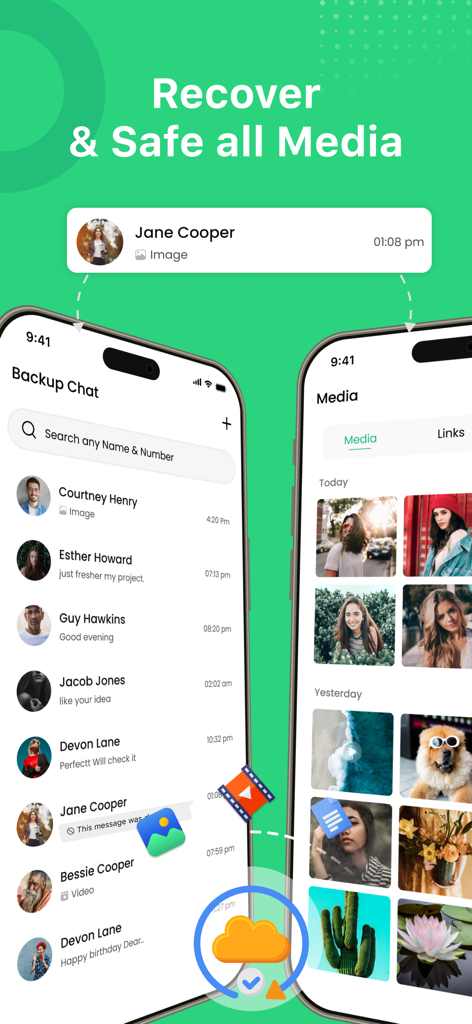 Interfaz de la aplicación WhatisRemoved mostrando una lista de chats de respaldo y una galería de multimedia organizada para contenido recuperado de WhatsApp
