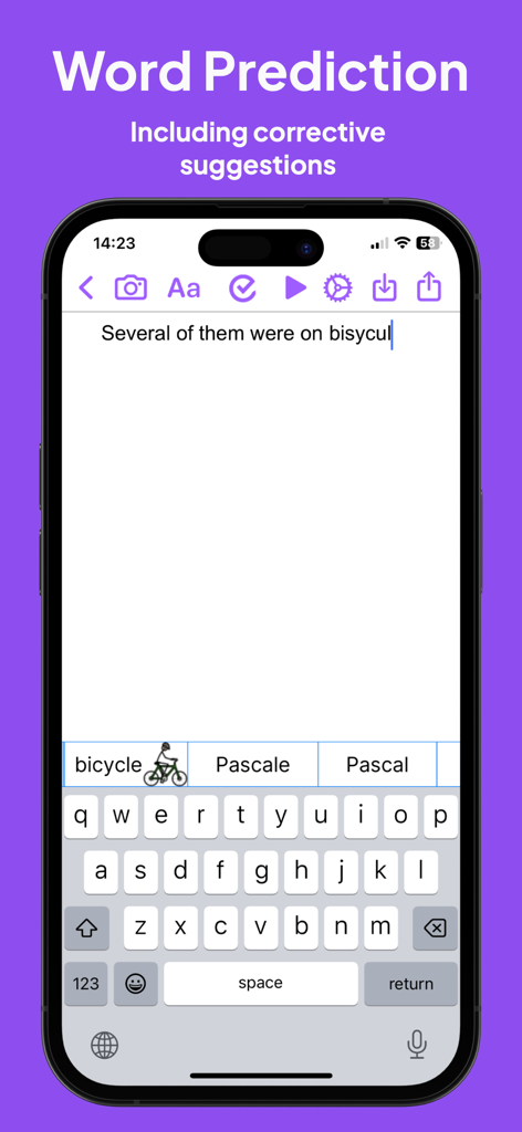 Read&Write - Interfaz de la aplicación Read and Write que muestra sugerencias de predicción de palabras y diccionario de imágenes para una palabra mal escrita.