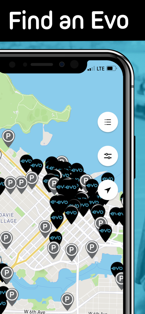 Pantalla de la app Evo Car Share mostrando un mapa con vehículos y lugares de estacionamiento disponibles en Vancouver