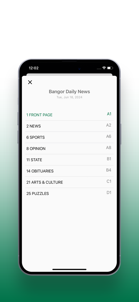 Tabla de contenido de la edición electrónica de Bangor Daily News que muestra las secciones de noticias, deportes y opinión