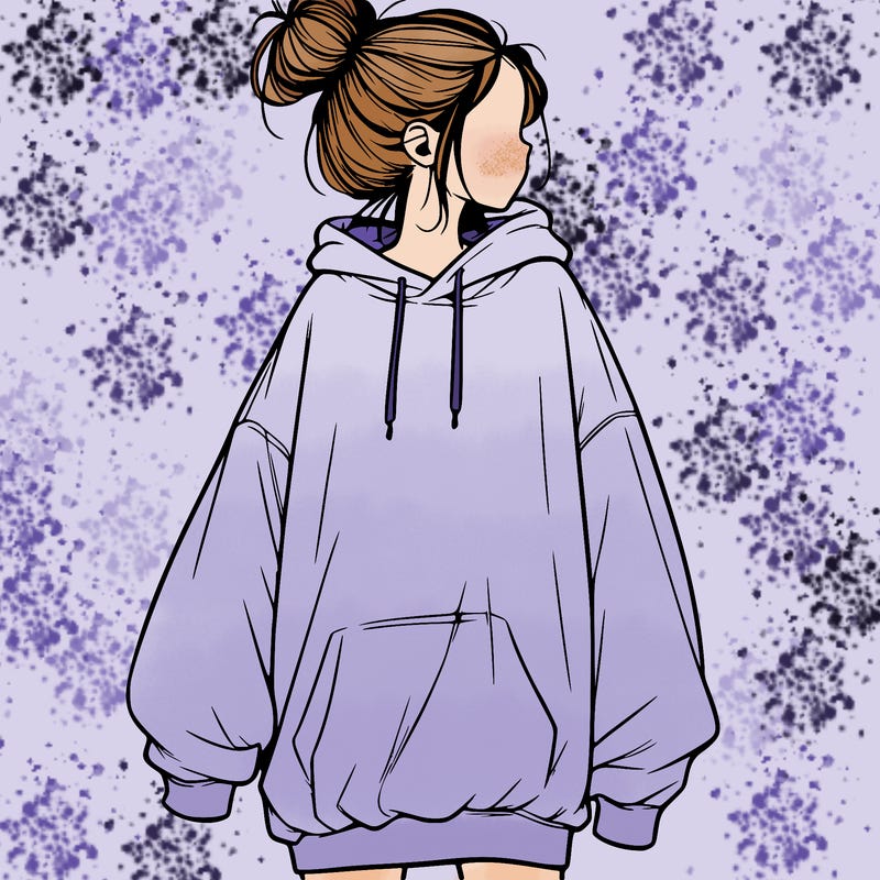 realistic girl with a oversized sweatshirt on and a bun