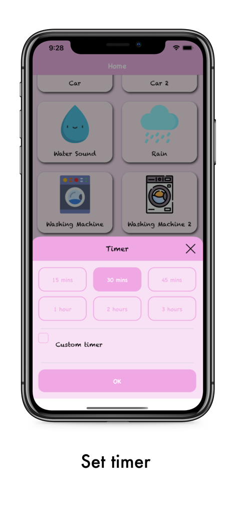 Interface de l'application Baby Sleeper ASMR montrant les options de sélection de la minuterie pour le bruit blanc et les sons de sommeil
