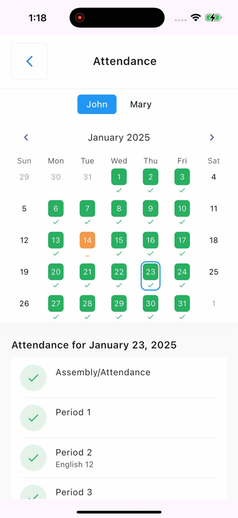 MySchool - Parents & Students - Vista de calendario de asistencia en la aplicación MySchool que muestra los registros de presencia del estudiante por fecha y período de clase.