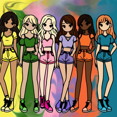 a group of girls wearing crop tops and shorts