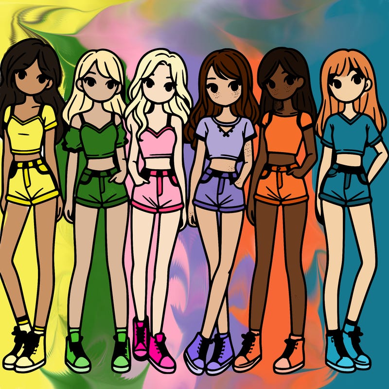 a group of girls wearing crop tops and shorts