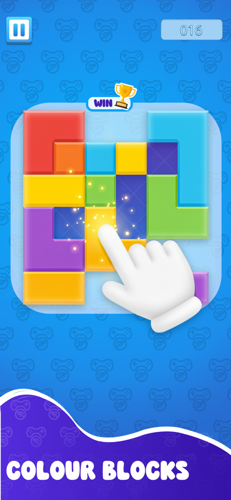 Colour Blocks puzzle minigame featuring bright blocks and a win icon