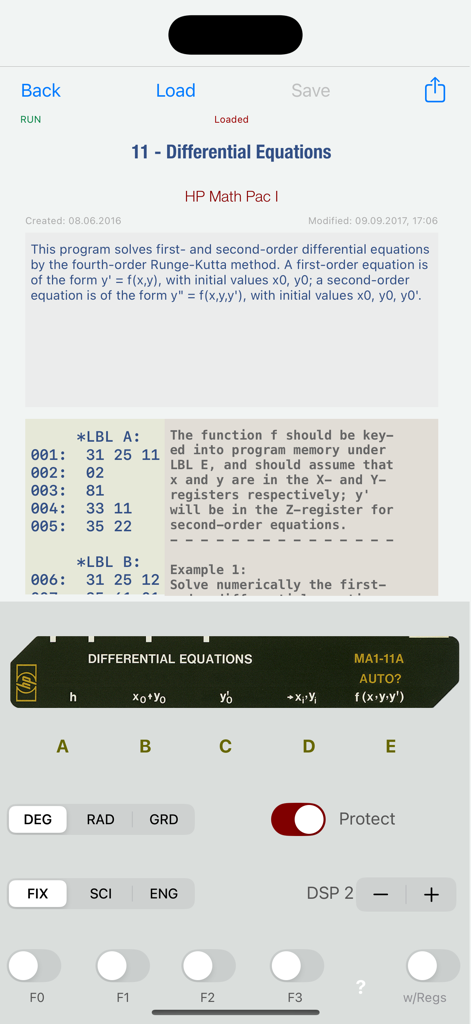 RPN-67 SD app interface showing a differential equations program from the HP Math Pac I