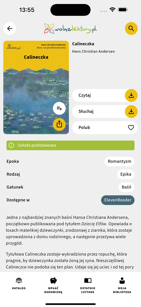 Book details screen for Calineczka by Hans Christian Andersen in the Wolne Lektury app with read and listen buttons.