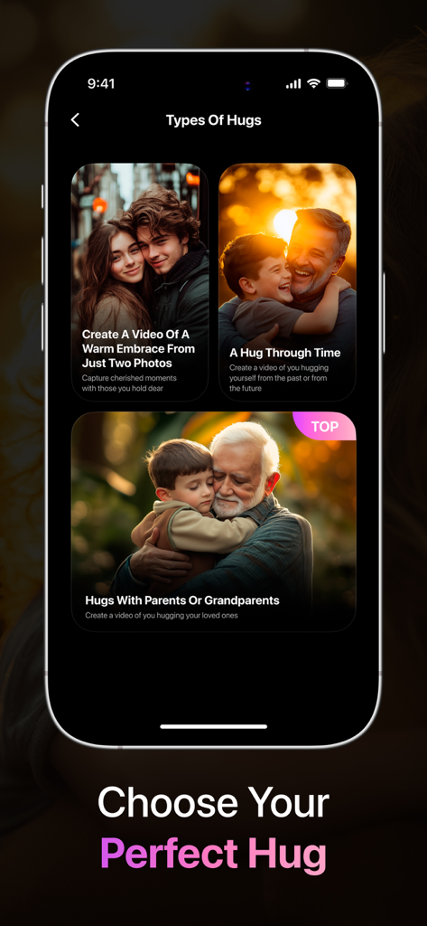 A mobile screen showing various AI hug styles in the Hug AI app like A Hug Through Time and Hugs with Grandparents.