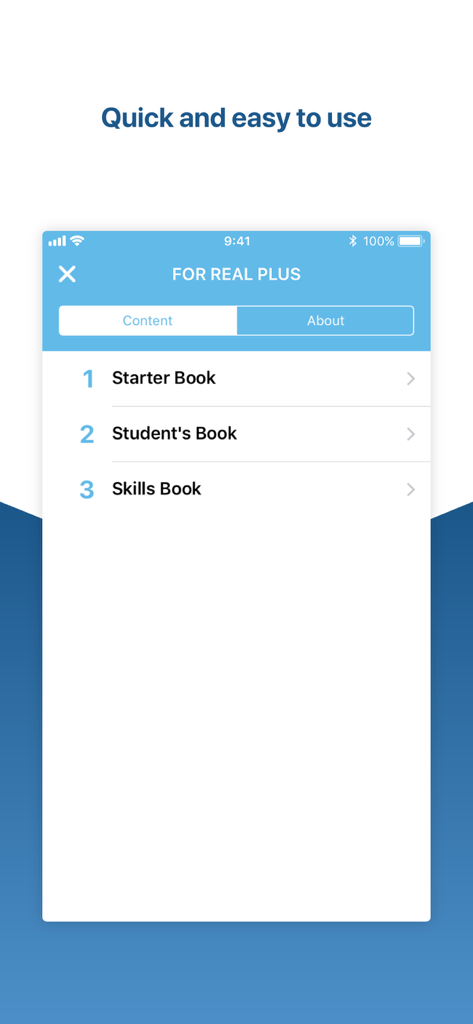 Interfaccia dell'app HELBLING Media che mostra un elenco di libri di corso tra cui Starter Book Student Book e Skills Book