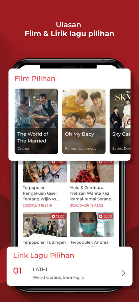 A screenshot of the InsertLive app showing selected movies and song lyrics.