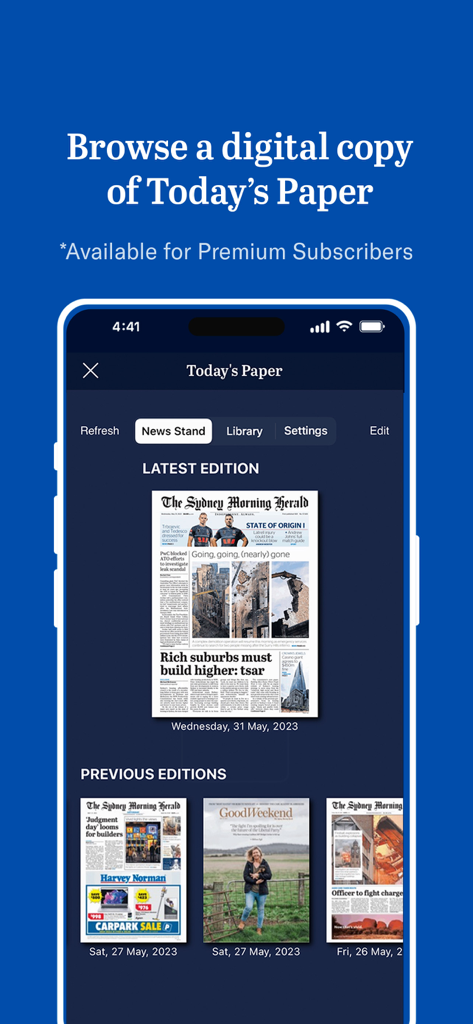 The Sydney Morning Herald - Interfaccia dell'app Sydney Morning Herald che mostra la copia digitale di Today's Paper per gli abbonati premium.