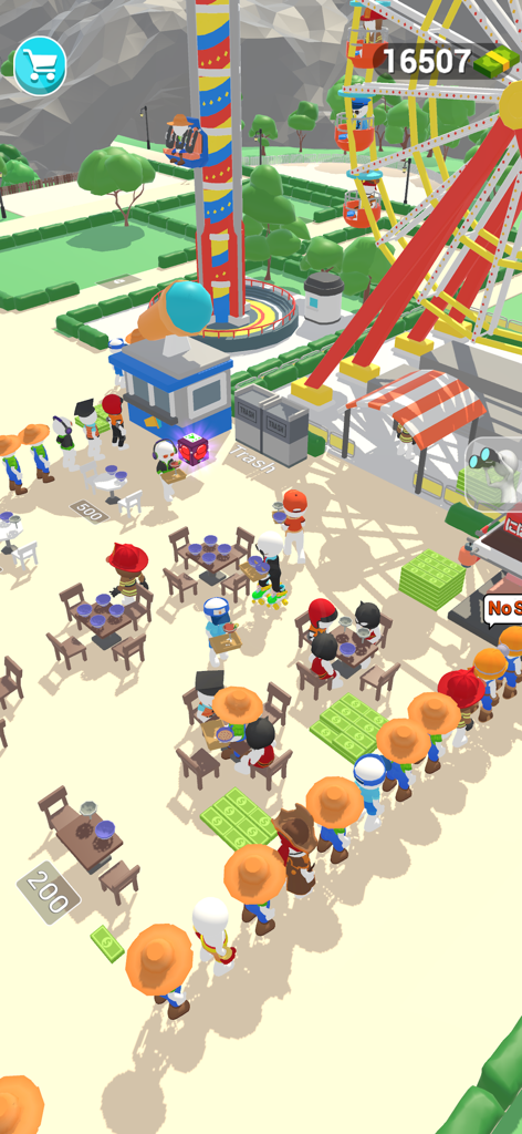 Dream Park : Wonderland Tycoon - Vista cenital de un colorido parque de atracciones con una gran noria e invitados