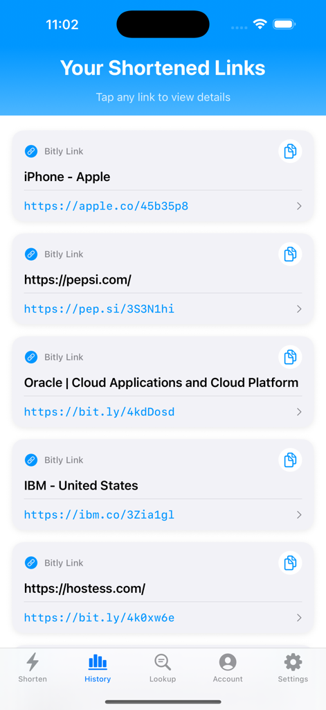 Tela de histórico do aplicativo Shortly exibindo uma lista de links Bitly encurtados para vários sites.