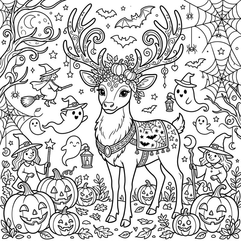 Dive into a magical Halloween world with this charming coloring page featuring a graceful female reindeer. Surrounded by grinning pumpkins, friendly ghosts, and playful witches, it's perfect for a creative spooky season!