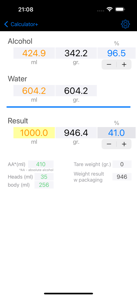 Bildschirm der Alkoholrechner-App mit Verdünnungsverhältnissen für Spirituosen mit Volumen- und Gewichtsangaben für Hobby-Brenner