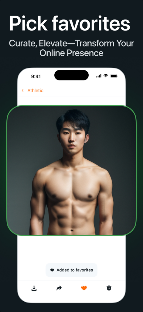 IM AI Avatar - New Profile Pic - Interfaz de la app IM AI Avatar mostrando una foto de perfil generada por IA de estilo atlético siendo añadida a favoritos.